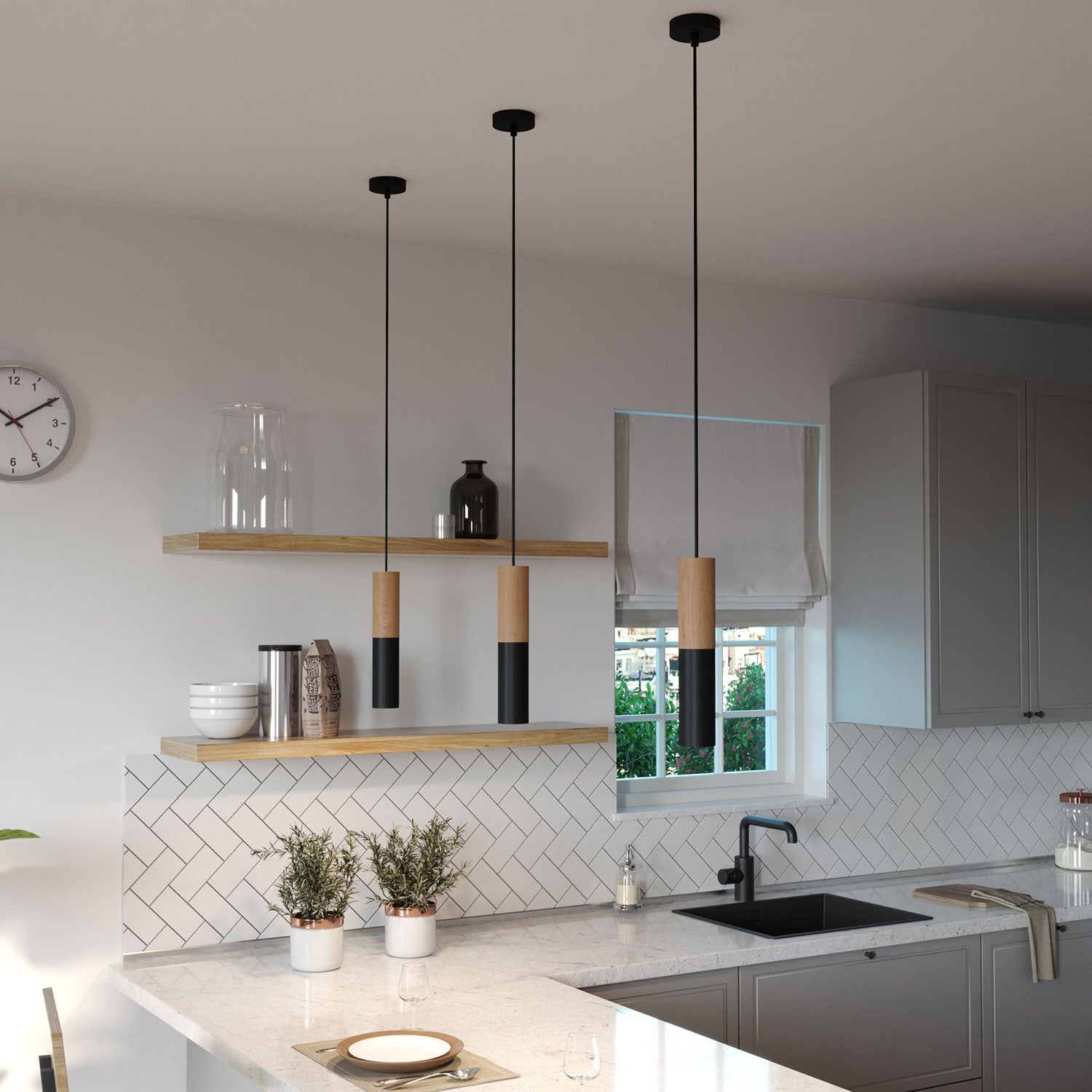 Tub-E14, tubo in legno e metallo per faretto con portalampada doppia ghiera E14 - Neutro e Nero