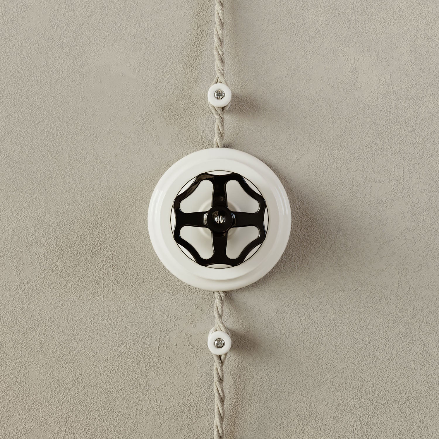 Kit interruttore/deviatore con manopola e base in porcellana bianca Nero