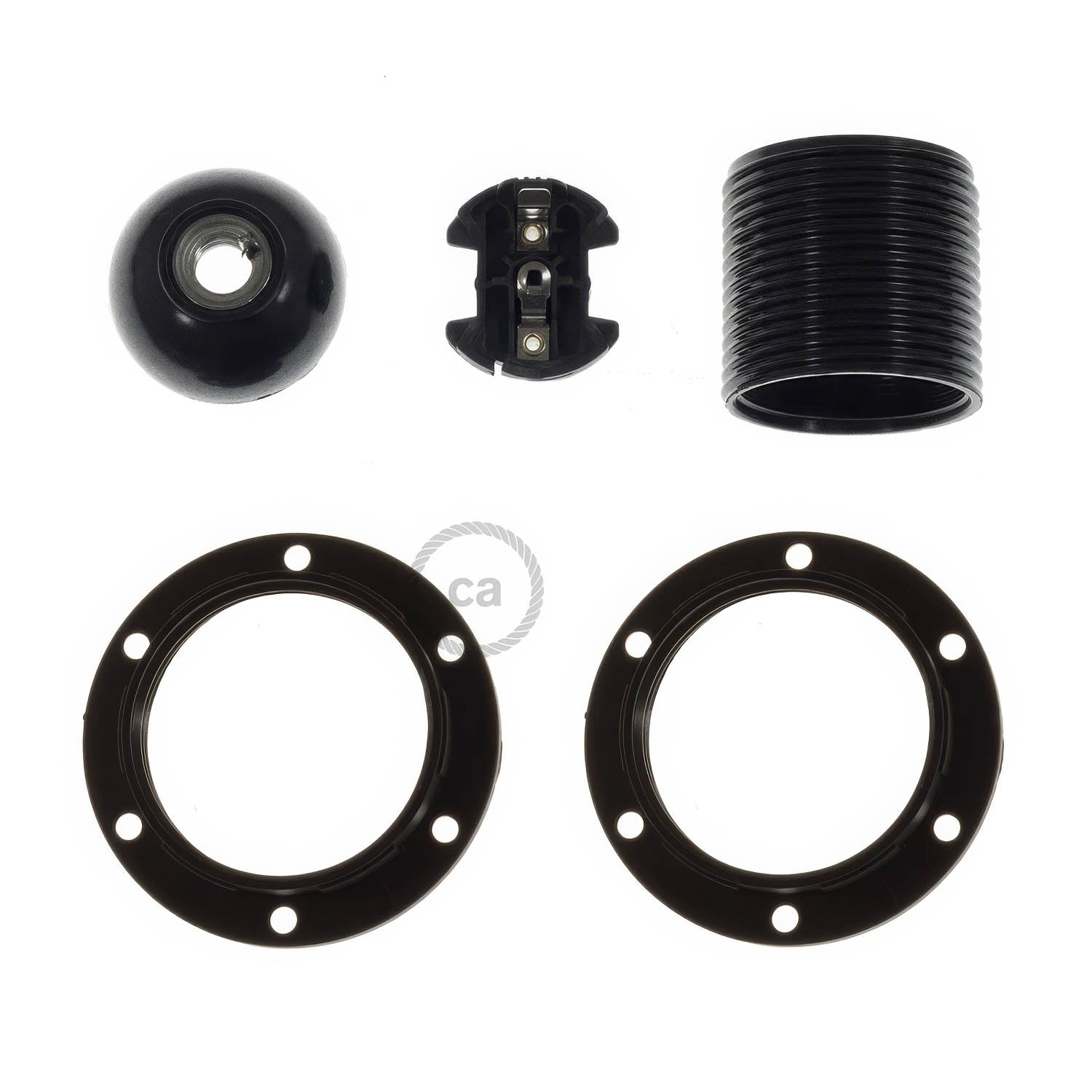 Kit portalampada E27 in bakelite con doppia ghiera per paralume - Nero