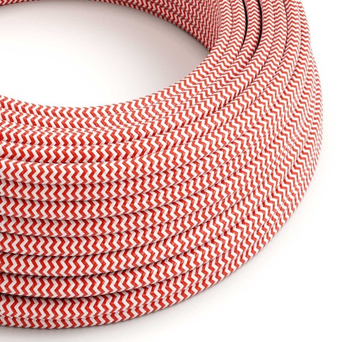 Câble textile Rouge Feu et Blanc Optique ZigZag brillant - L'Original Creative-Cables - RZ09 rond 2x0.75mm / 3x0.75mm