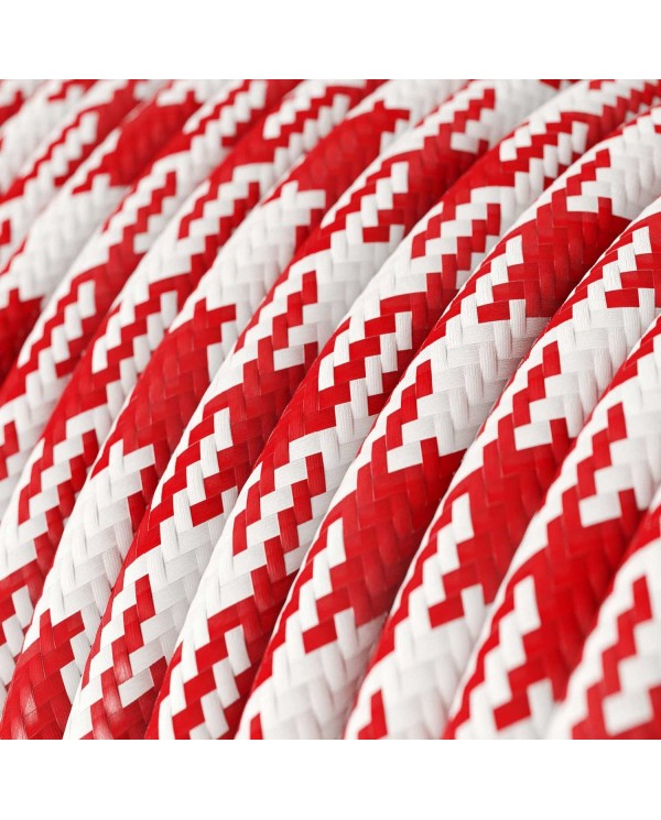 Câble textile Rouge Feu et Blanc Optique Pied de Poule brillant - L'Original Creative-Cables - RP09 rond 2x0,75mm / 3x0,75mm