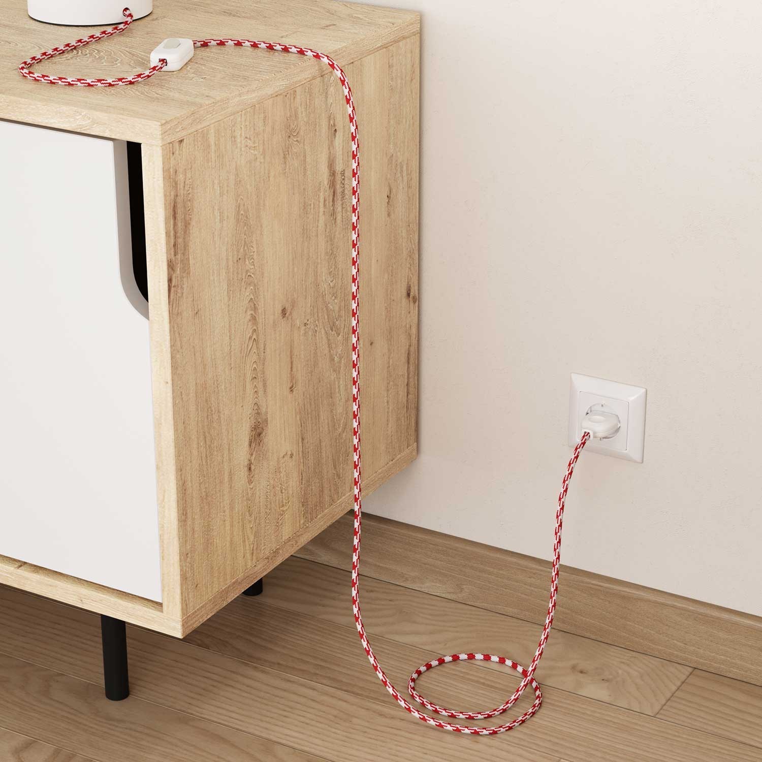 Câble textile Rouge Feu et Blanc Optique Pied de Poule brillant - L'Original Creative-Cables - RP09 rond 2x0,75mm / 3x0,75mm