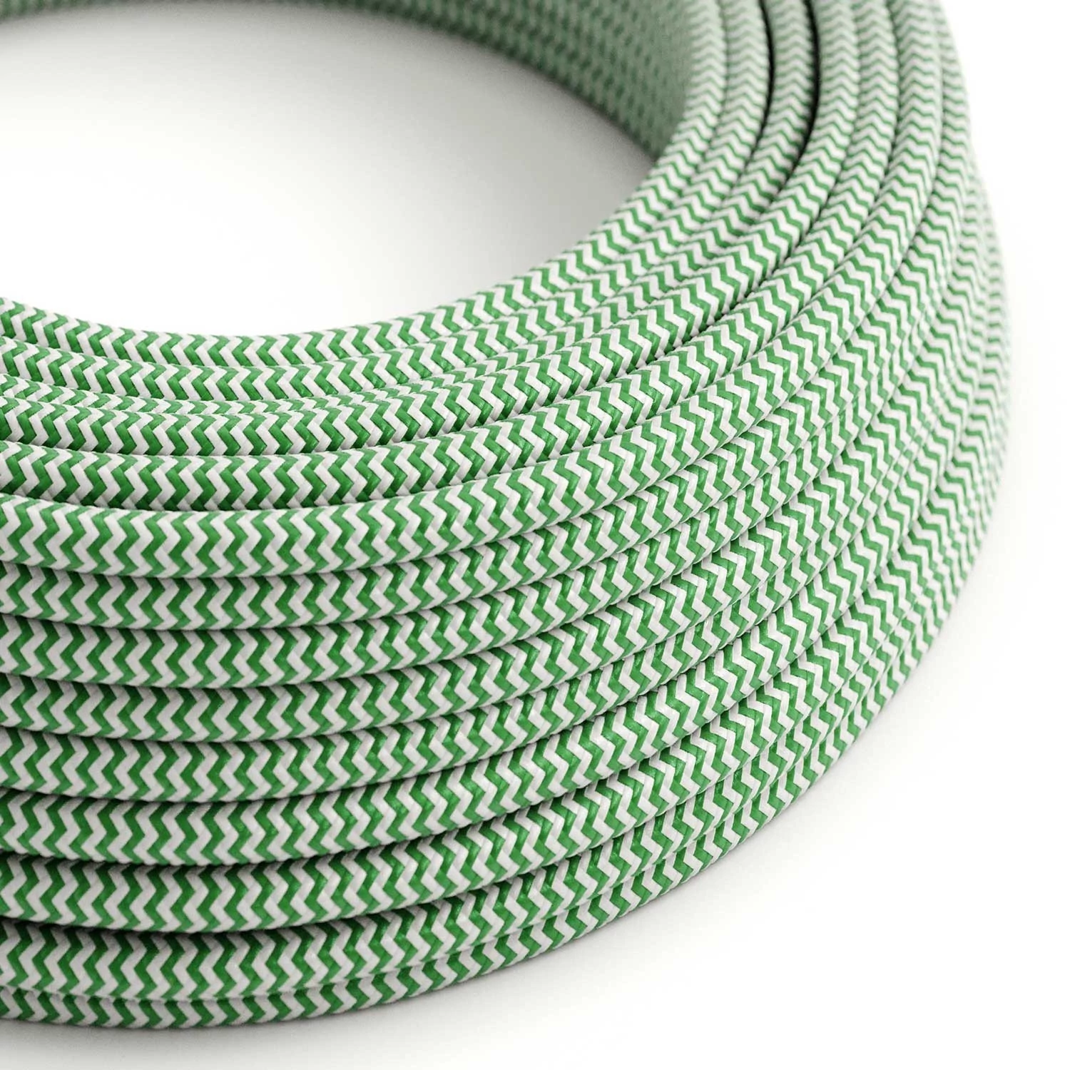 Câble textile Vert Gazon et Blanc Optique ZigZag brillant - L'Original Creative-Cables - RZ06 rond 2x0.75mm / 3x0.75mm