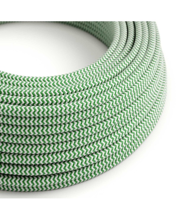 Câble textile Vert Gazon et Blanc Optique ZigZag brillant - L'Original Creative-Cables - RZ06 rond 2x0.75mm / 3x0.75mm