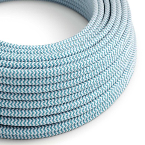 Câble textile Bleu Cyan et Blanc Optique ZigZag brillant - L'Original Creative-Cables - RZ11 rond 2x0,75mm / 3x0,75mm