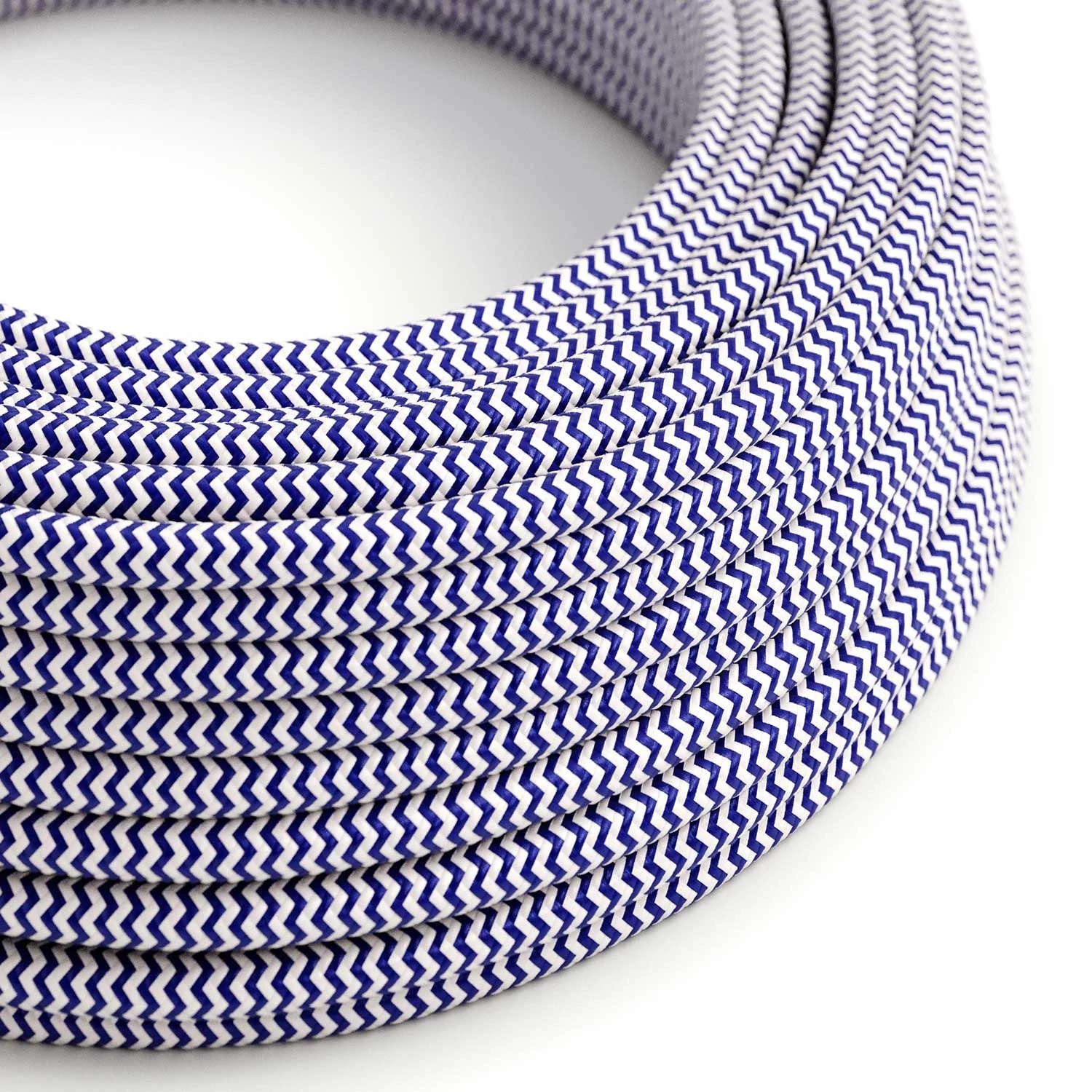 Câble textile Classic Blue et Blanc Optique ZigZag brillant - L'Original Creative-Cables - RZ12 rond 2x0.75mm / 3x0.75mm