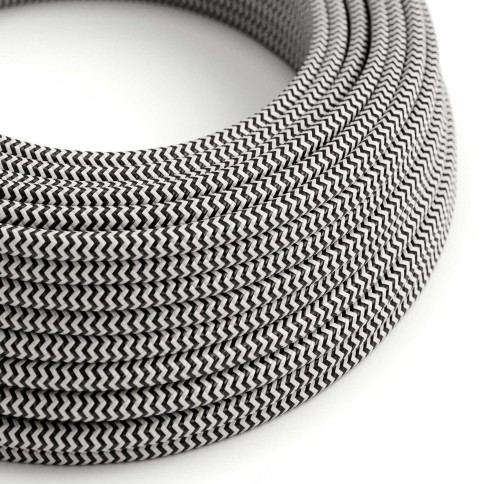 Câble textile Noir Charbon et Blanc Optique ZigZag brillant - L'Original Creative-Cables - RZ04 rond 2x0.75mm / 3x0.75mm