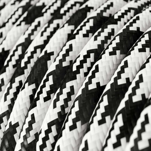 Câble textile Noir Charbon et Blanc Pied de Poule brillant - L'Original Creative-Cables - RP04 rond 2x0.75mm / 3x0.75mm