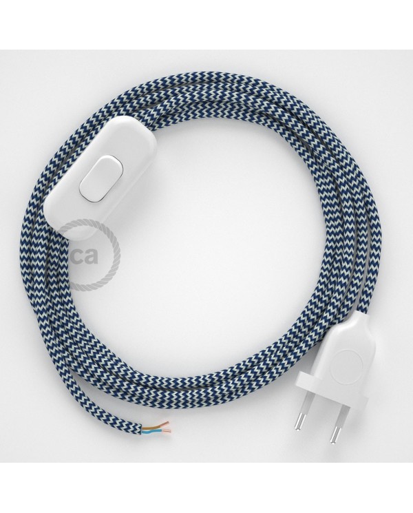 Cordon pour lampe, câble RZ12 Effet Soie ZigZag Blanc-Bleu 1,80 m. Choisissez la couleur de la fiche et de l'interrupteur!