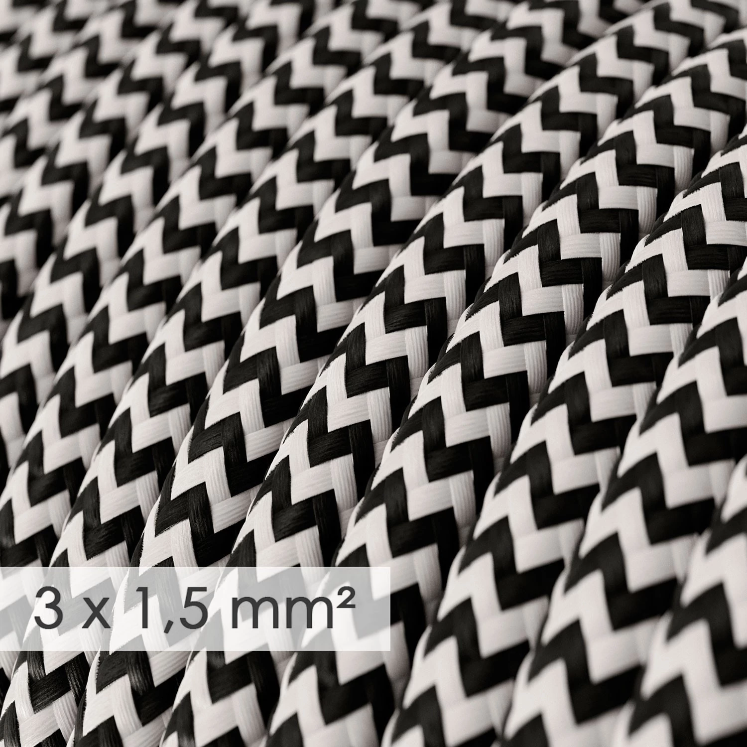 Fil Électrique De Large Section 3x1,50 Rond - Tissu Effet Soie Noir ZigZag RZ04