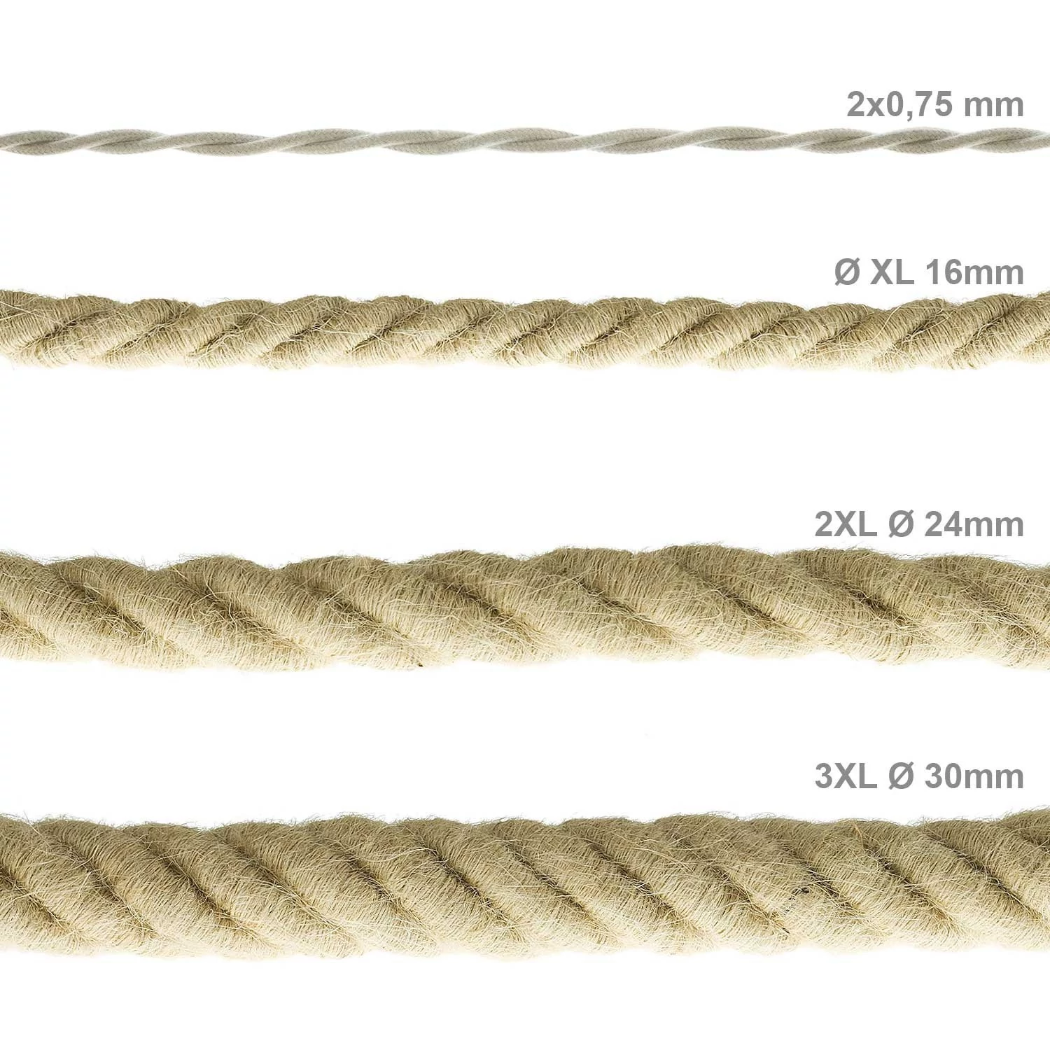 Corde XL, câble électrique 3x0,75. Revêtement en jute brute. Diamètre 16mm.