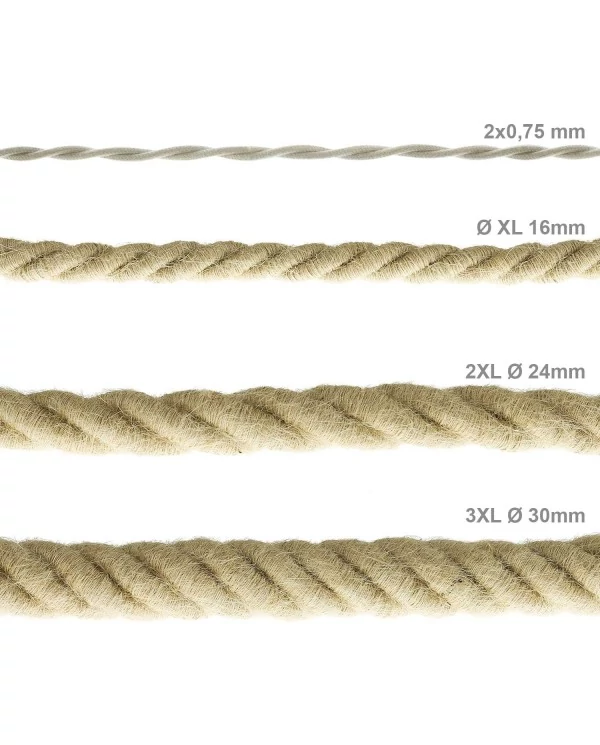 Corde XL, câble électrique 3x0,75. Revêtement en jute brute. Diamètre 16mm.