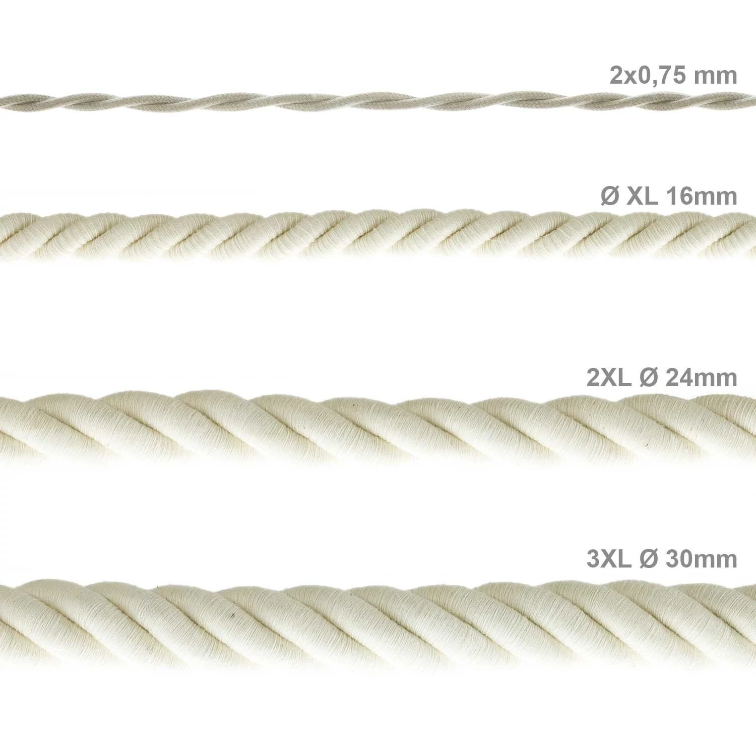 Corde 2XL, câble électrique 3x0,75. Revêtement en coton brut. Diamètre 24mm.