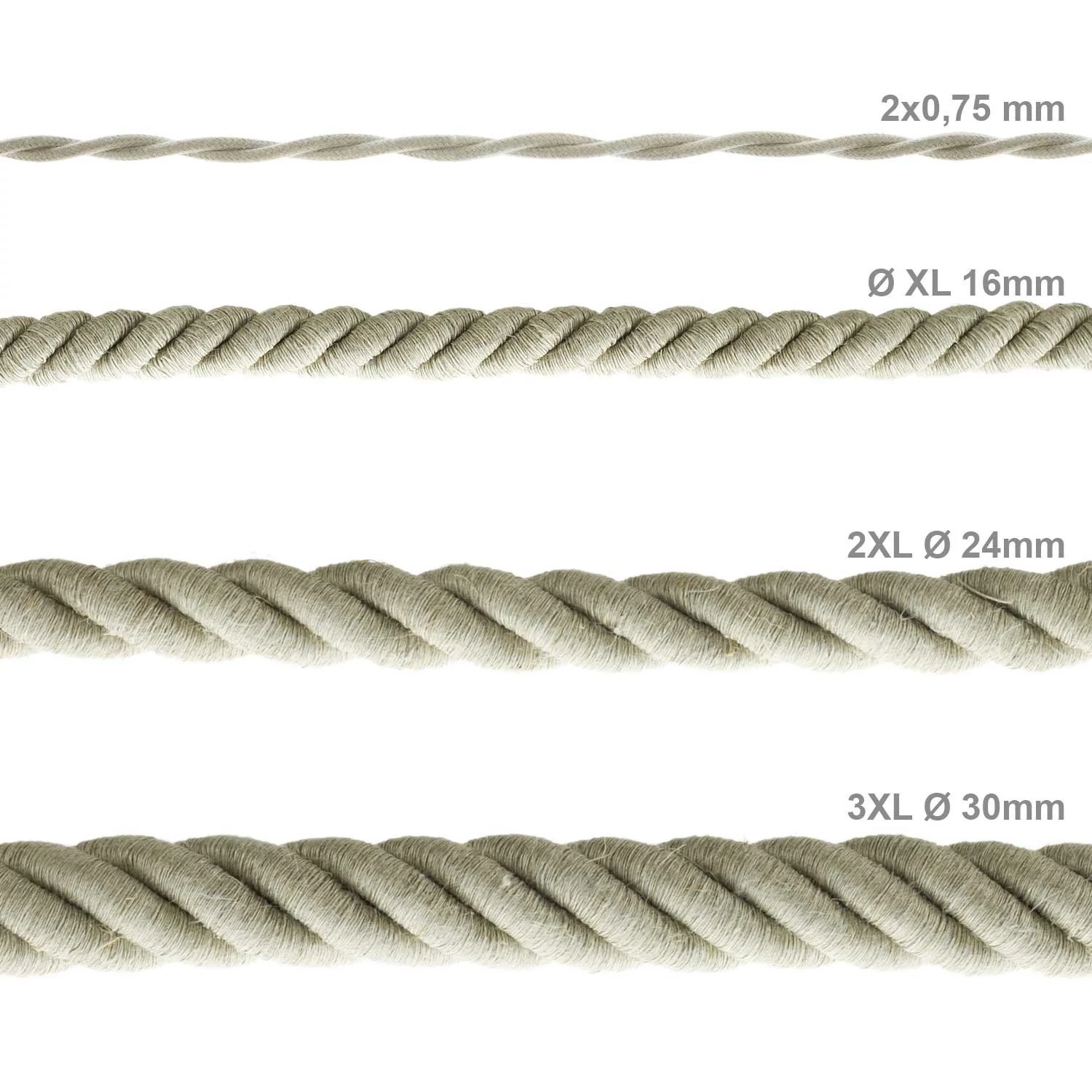 Corde 3XL, câble électrique 3x0,75. Revêtement en lin naturel. Diamètre 30mm.