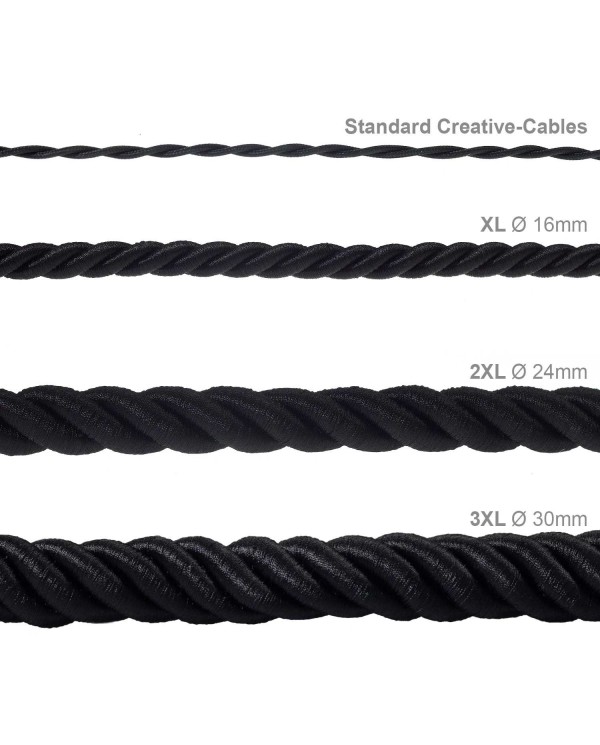 Corde 2XL, câble électrique 3x0,75. Revêtement en tissu noir brillant. Diamètre 24mm.