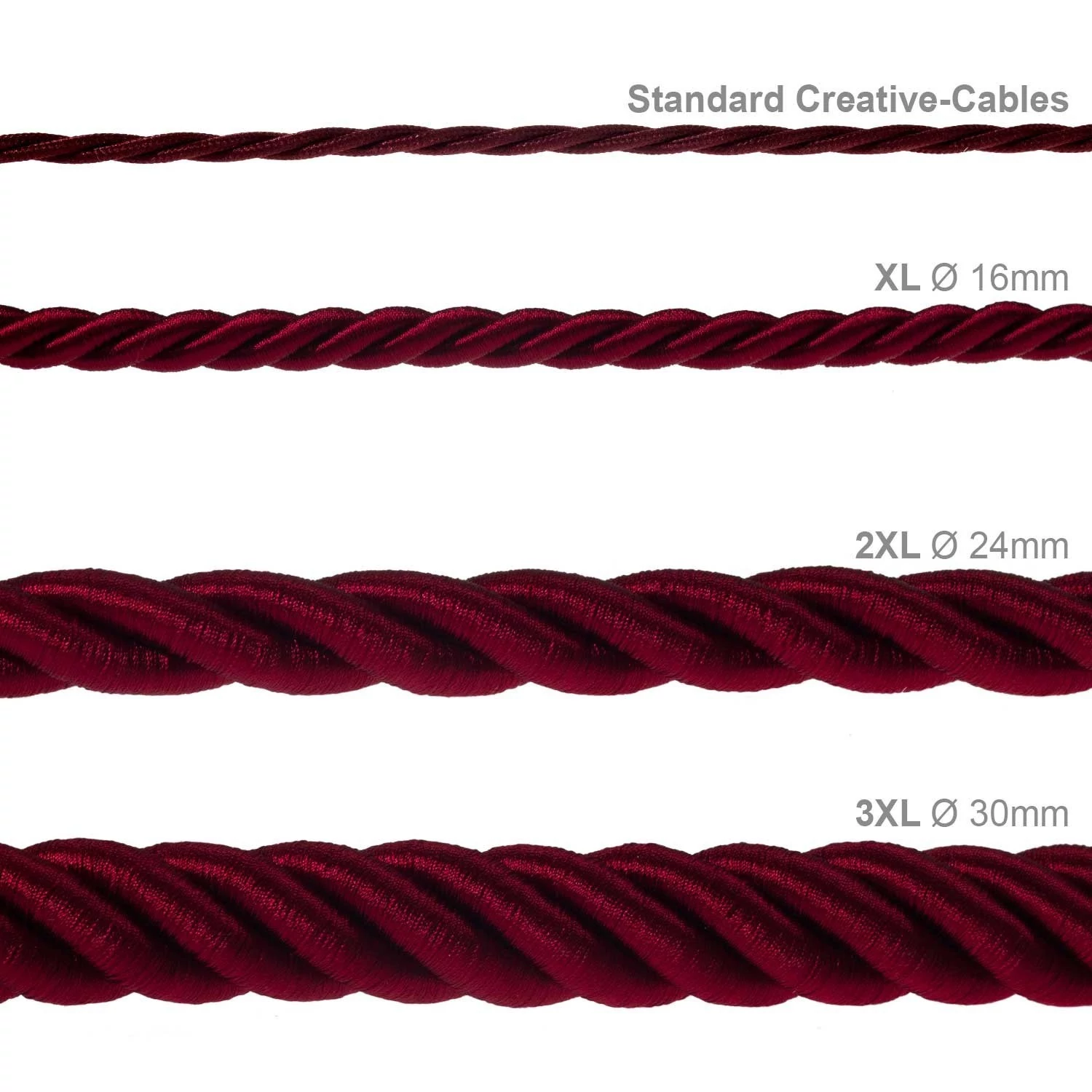 Corde 3XL, câble électrique 3x0,75. Revêtement en tissu bordeaux foncé brillant. Diamètre 30mm.