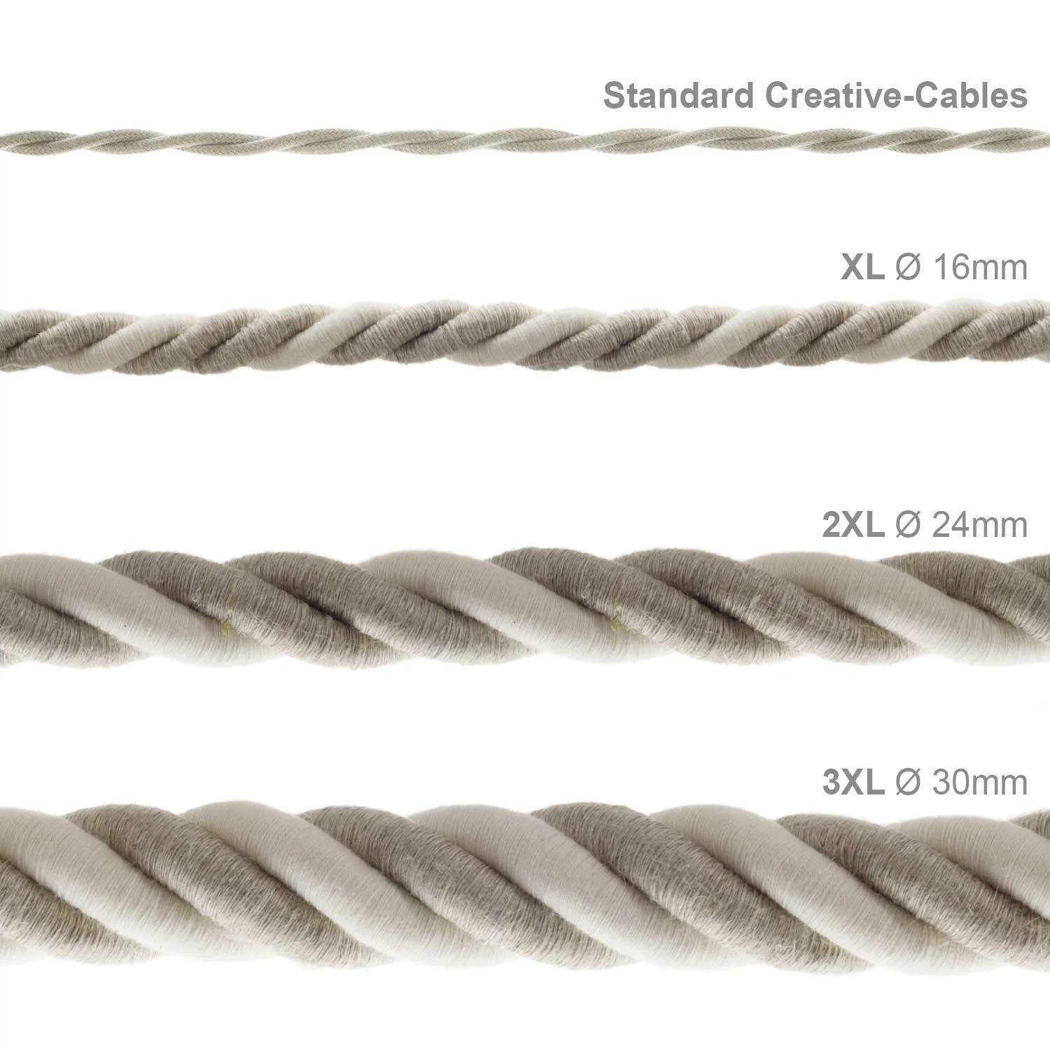 Corde XL, câble électrique 3x0,75. Revêtement en lin naturel et coton brut. Diamètre 16mm.