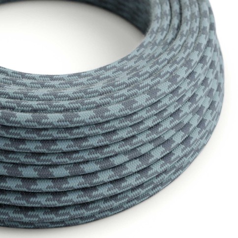 Câble textile Gris Pierre et Bleu Océan Pied de Poule coton - L'Original Creative-Cables - RP25 rond 2x0,75mm / 3x0,75mm