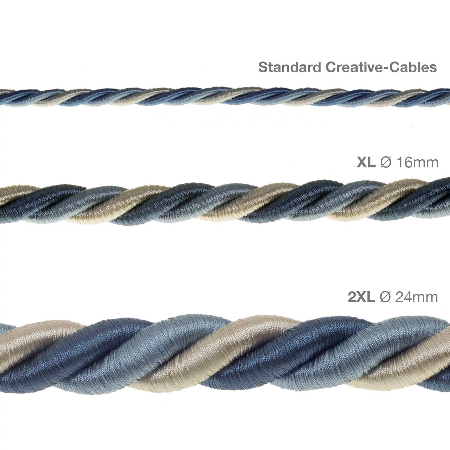 Corde XL, câble électrique 3x0,75. Revêtement en tissu lucide Bernadotte. Diamètre 16mm.