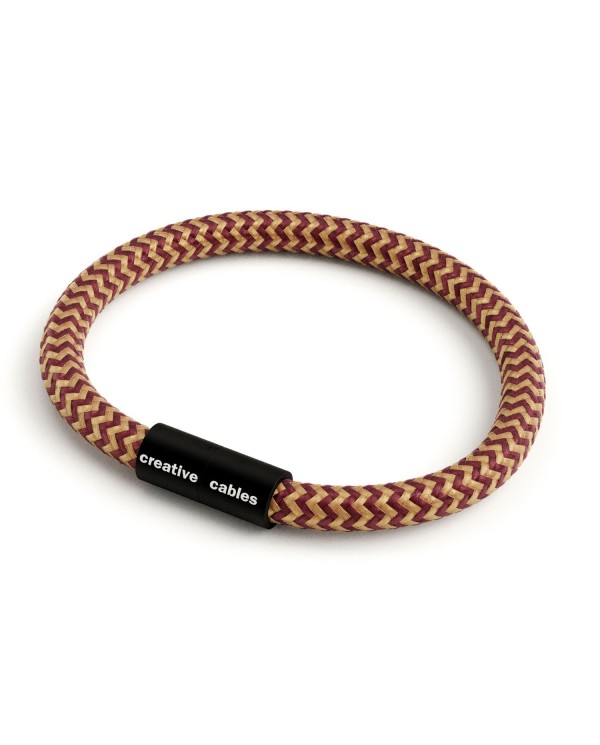Bracelet avec fermoir magnétique noir mat et câble RZ23 (effet soie ZigZag Or et Bordeaux)