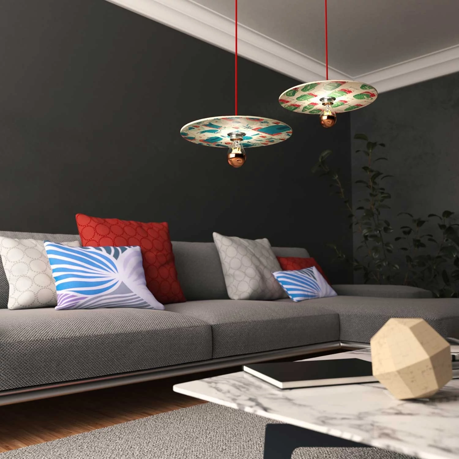 Suspension fabriquée en Italie avec câble textile, abat-jour UFO en bois double face et finition en métal
