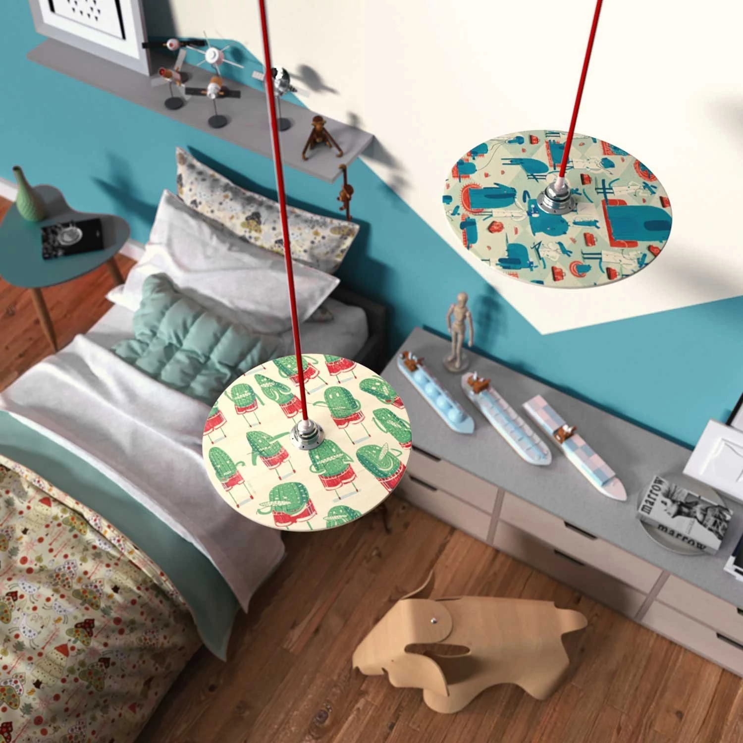 Suspension fabriquée en Italie avec câble textile, abat-jour UFO en bois double face et finition en métal