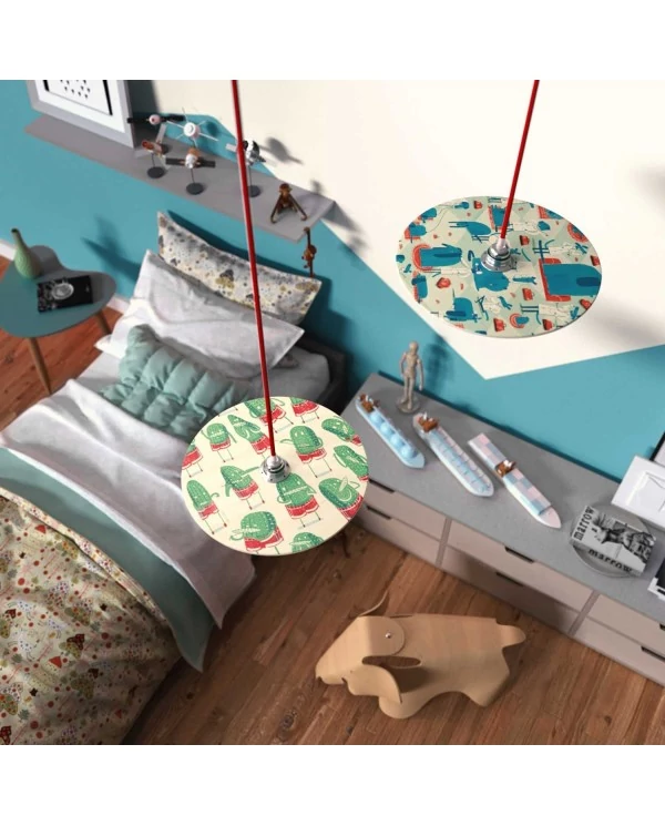 Suspension fabriquée en Italie avec câble textile, abat-jour UFO en bois double face et finition en métal