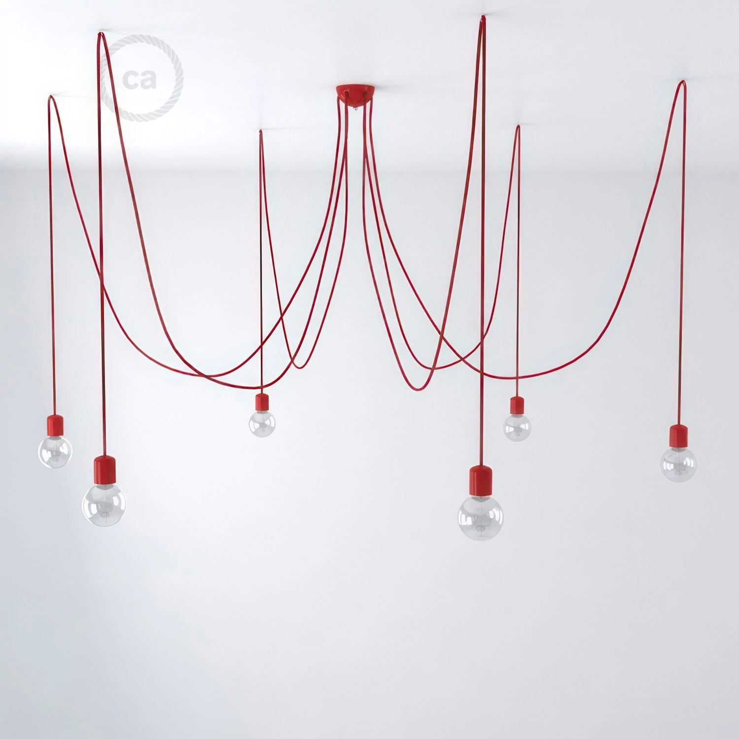 Lampe à suspension multiple avec 6 gouttes Made in Italy, avec câble textile et finitions en céramique colorée