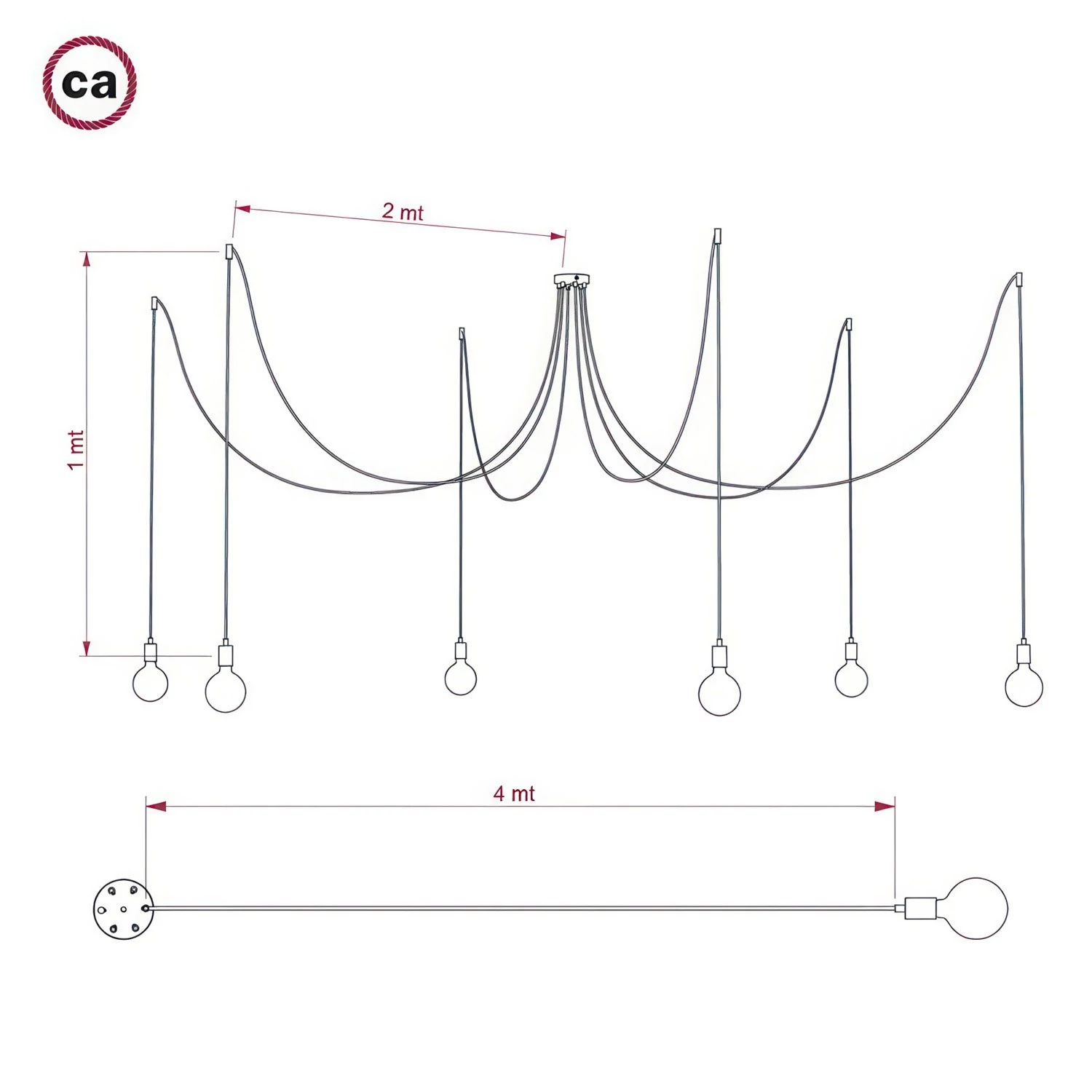 Spider - Suspension multiple 6 bras fabriquée en Italie, avec câble textile et finitions métalliques