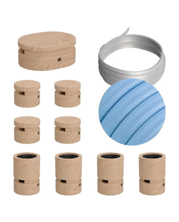 Kit Symmetric Filé system - avec câbles pour guirlande lumineuse de 5 mètres et 9 composants en bois pour intérieur