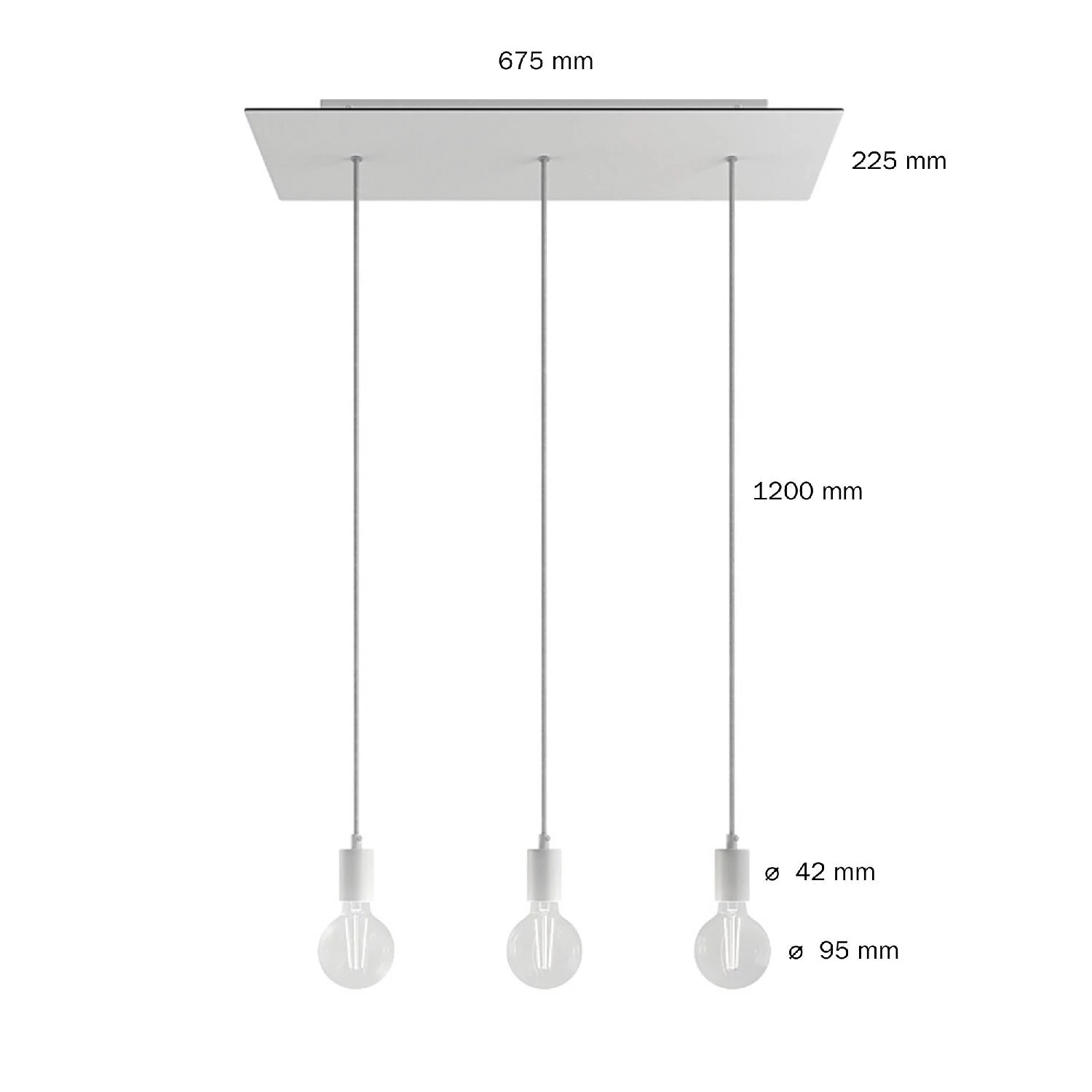 Suspension à 3 bras avec XXL Rose-One rectangulaire 675 mm complète avec câble textile et finitions en métal