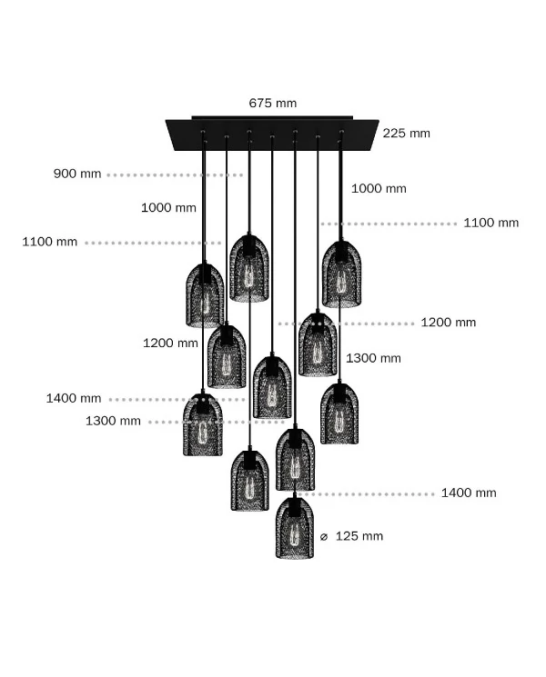 Suspension à 11 bras avec XXL Rose-One rectangulaire 675 mm complète avec câble textile et abat-jour en métal Ghostbell