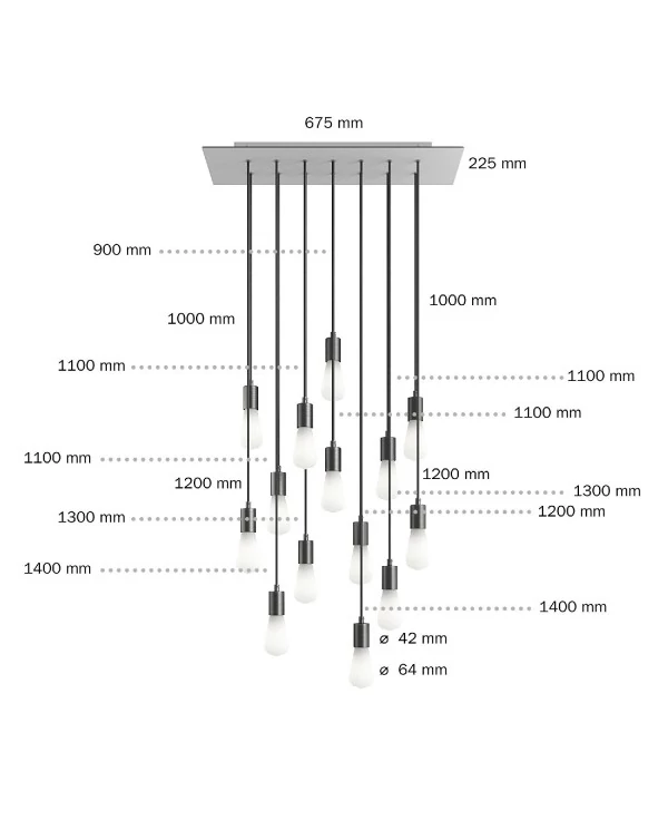 Suspension à 14 bras avec XXL Rose-One rectangulaire 675 mm complète avec câble textile et finitions en métal