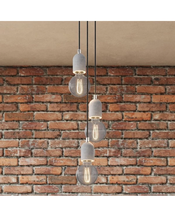 Lampe suspension multiple 3 bras avec Rose-One rond 200 mm, câble textile et finitions en béton