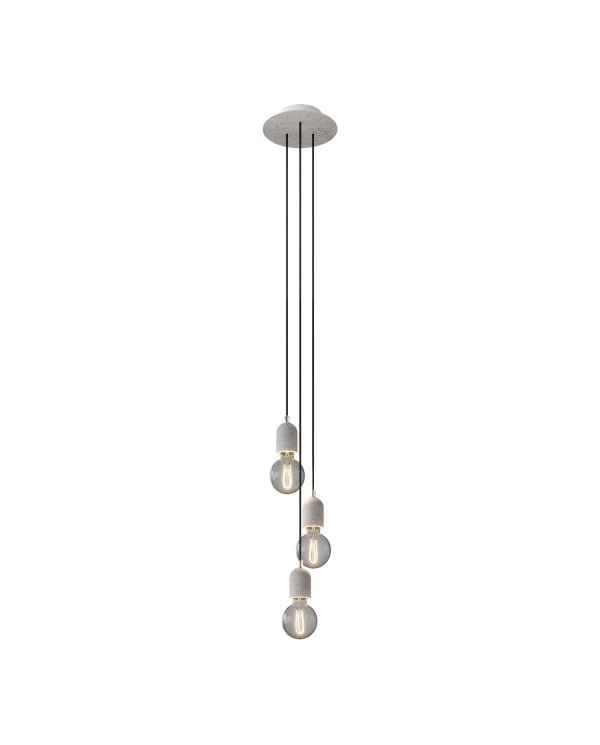 Lampe suspension multiple 3 bras avec Rose-One rond 200 mm, câble textile et finitions en béton