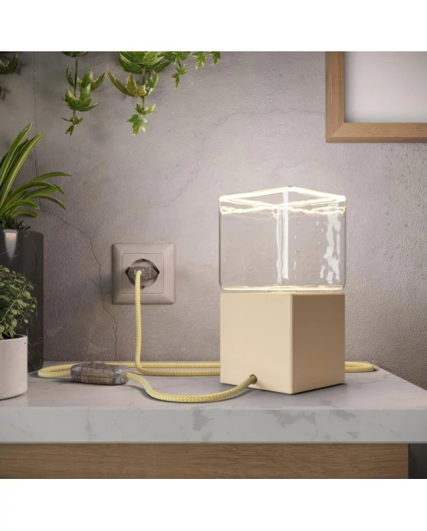 Posaluce Cubetto Couleur, lampe de table en bois peint comprenant câble textile, interrupteur et prise bipolaire