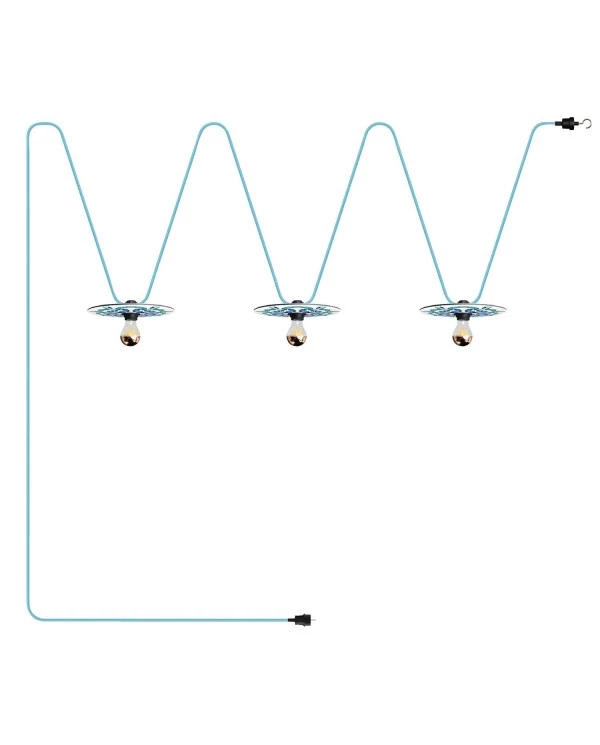 Guirlande lumineuse Système Lumet 'Majoliques' 10 m avec câble textile, 3 douilles et abat-jour, crochet et fiche noire