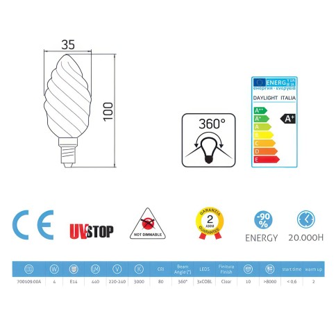 Ampoule Filament LED Tortiglione 4W 440Lm E14 Claire