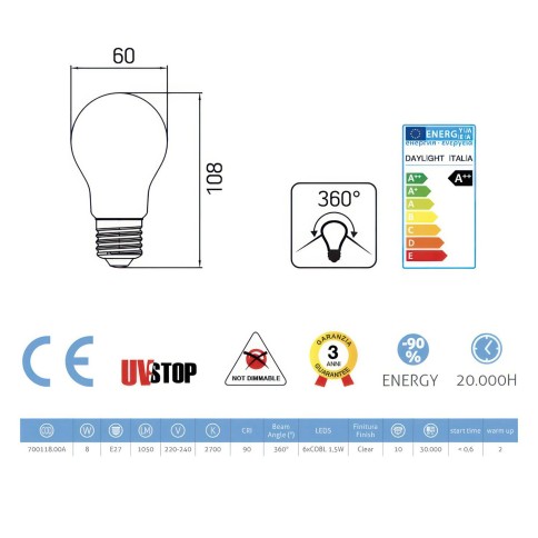 Ampoule Filament LED Goutte 8W 1050Lm E27 Claire