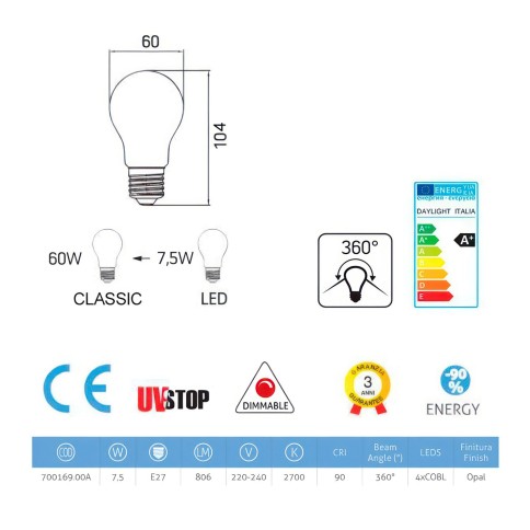 Ampoule LED Blanc Lait - Goutte A60 - 7,5W 806Lm E27 2700K Dimmable