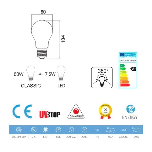 Ampoule LED Blanc Lait - Goutte A60 - 7,5W 806Lm E27 2700K Dimmable