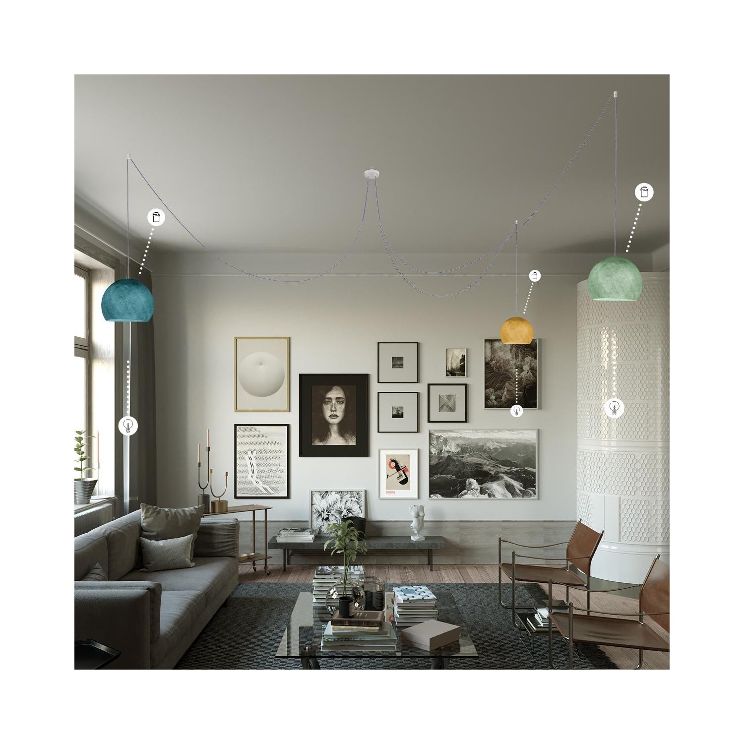 EIVA ELEGANT Suspension d'extérieur avec 1,5m câble textile, rosace et douille en silicone étanche IP65