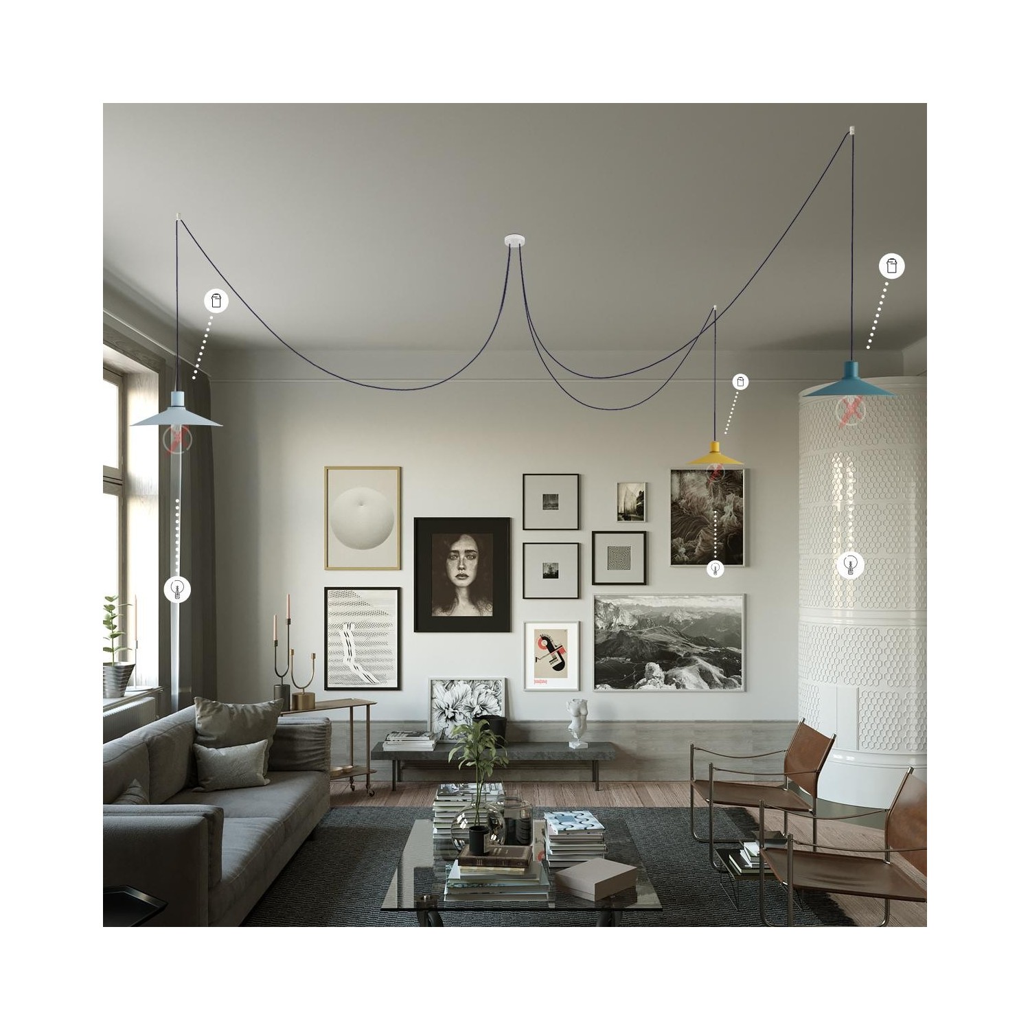 EIVA ELEGANT Suspension d'extérieur avec 1,5m câble textile, rosace et douille en silicone étanche IP65