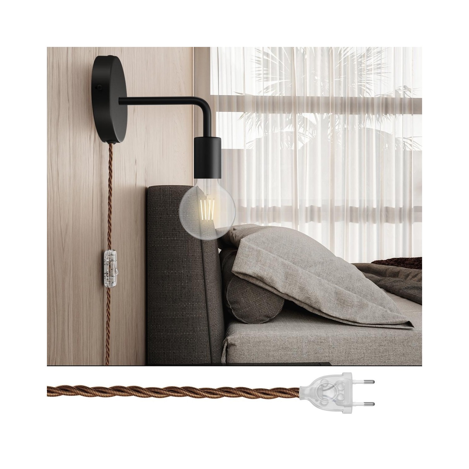 EIVA ELEGANT Suspension d'extérieur avec 5m câble textile, décentreur, rosace et douille en silicone étanche IP65