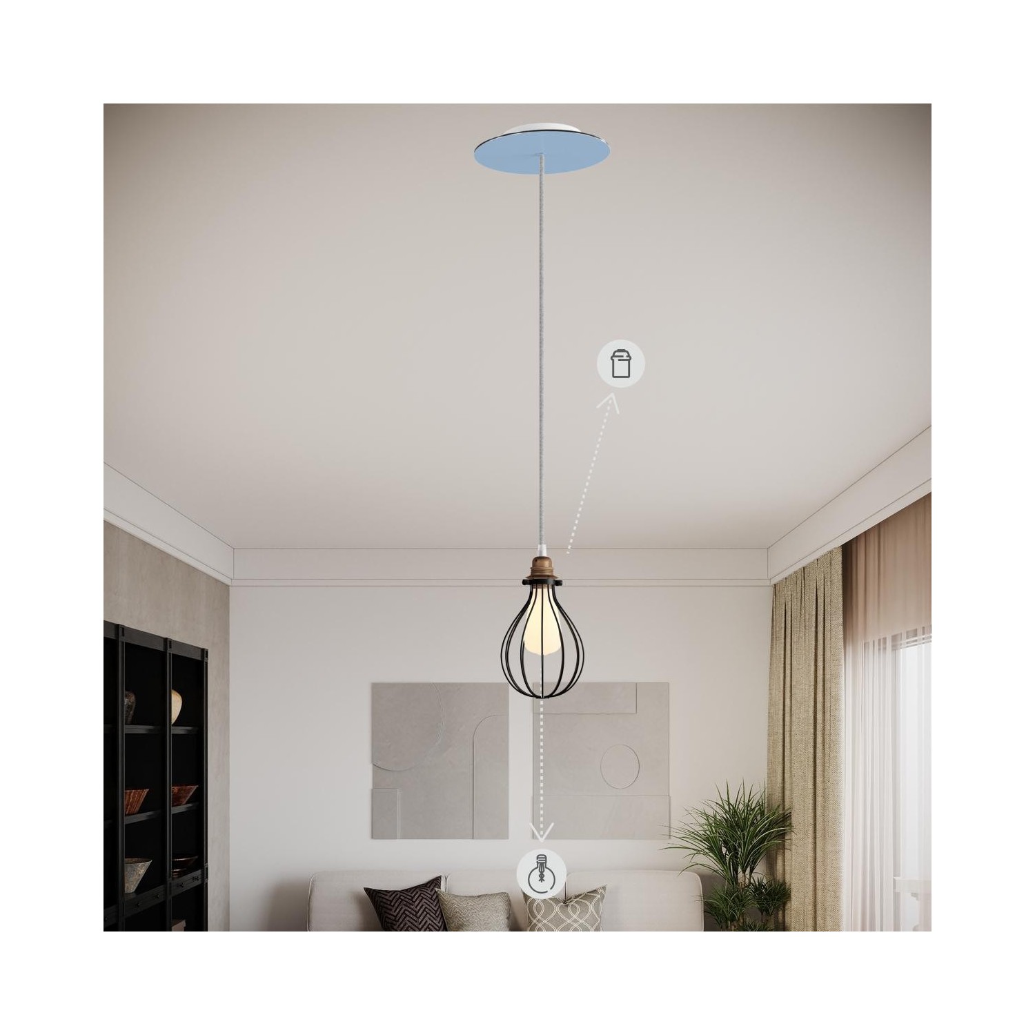 EIVA ELEGANT Suspension d'extérieur avec 5m câble textile, décentreur, rosace et douille en silicone étanche IP65