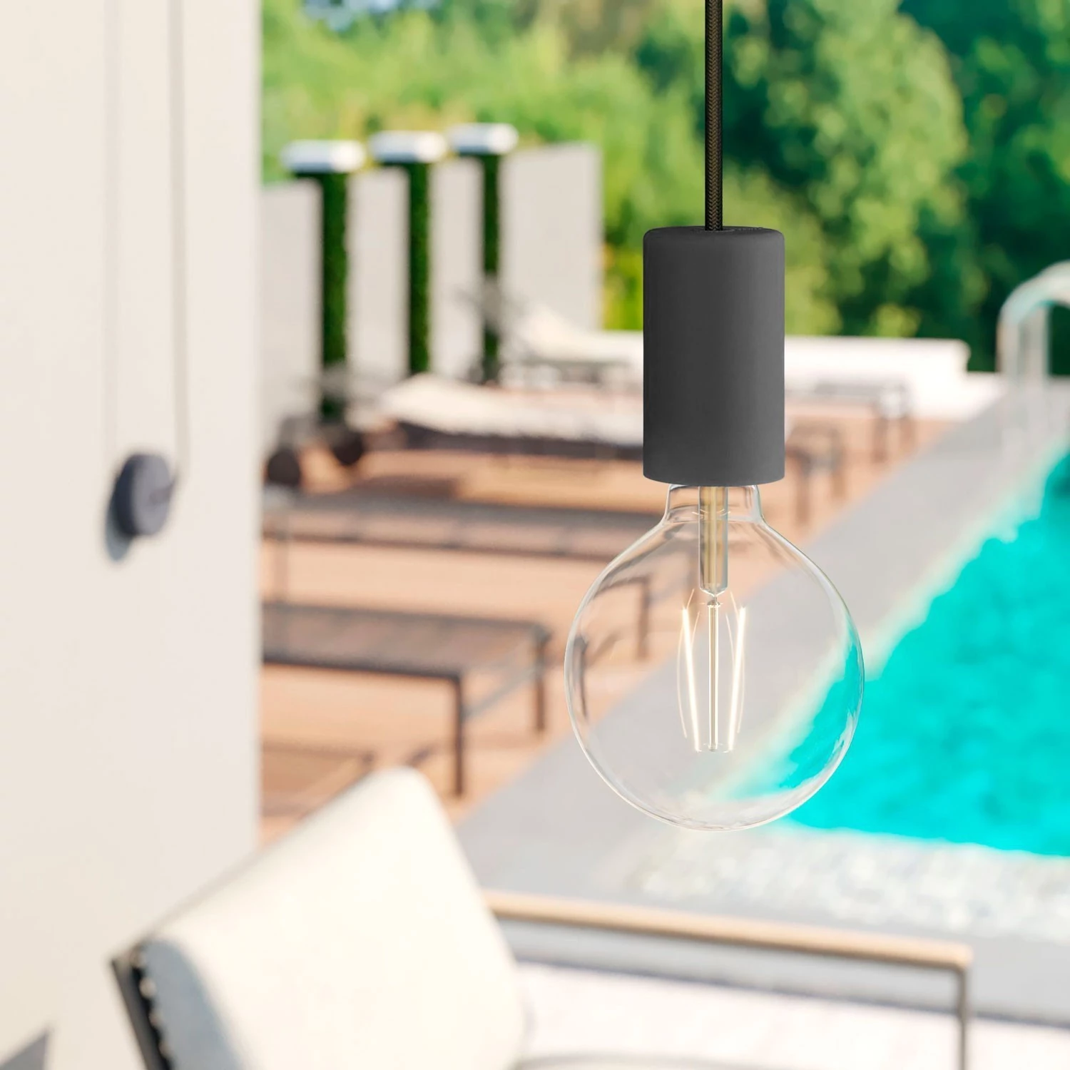 EIVA ELEGANT Suspension d'extérieur avec 5m câble textile, décentreur, rosace et douille en silicone étanche IP65