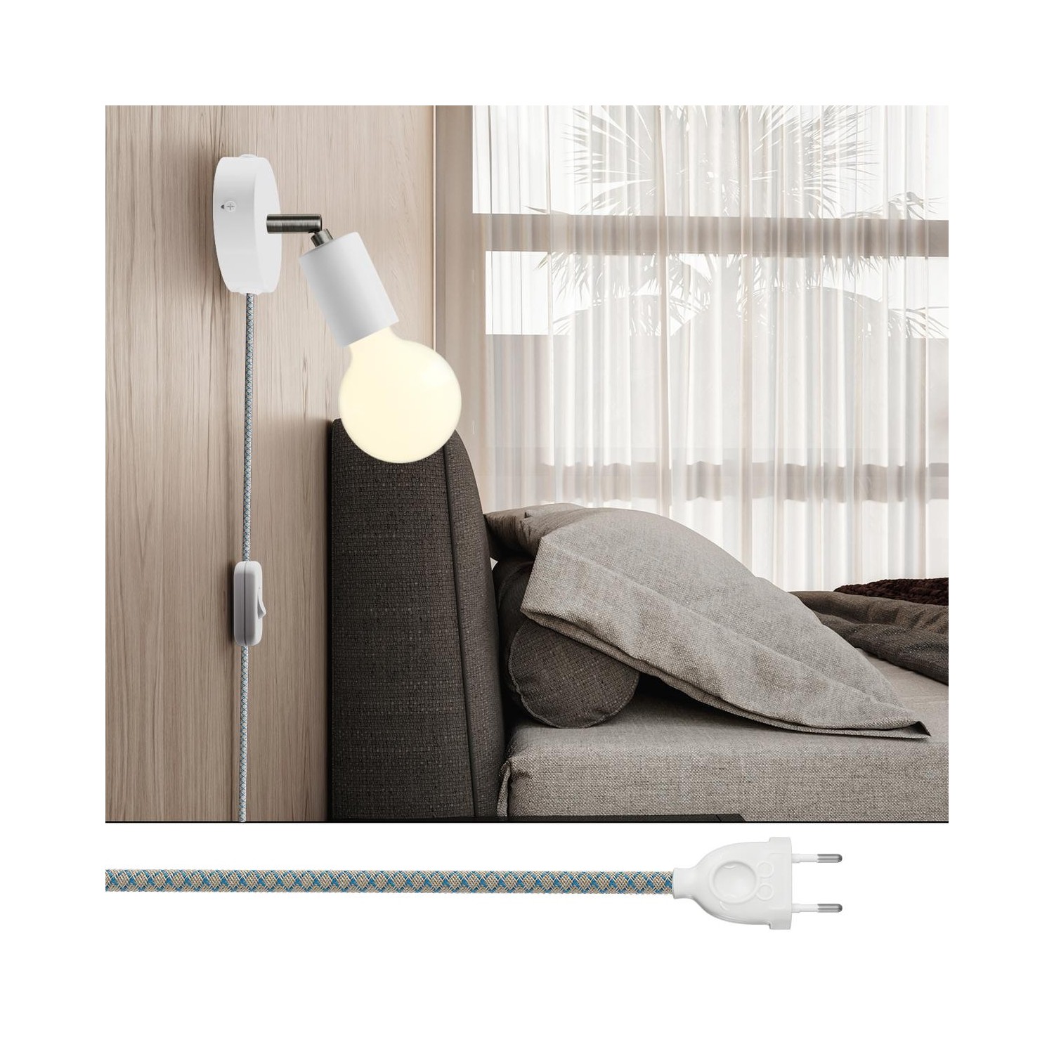EIVA PASTEL Suspension d'extérieur avec 5m câble textile, décentreur, rosace et douille en silicone étanche IP65