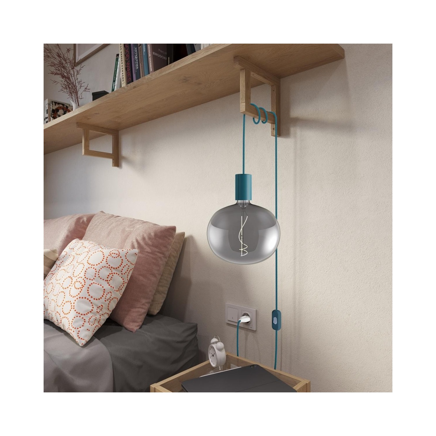 EIVA Suspension d'extérieur avec abat-jour, 5m câble textile, rosace en silicone et douille étanche IP65