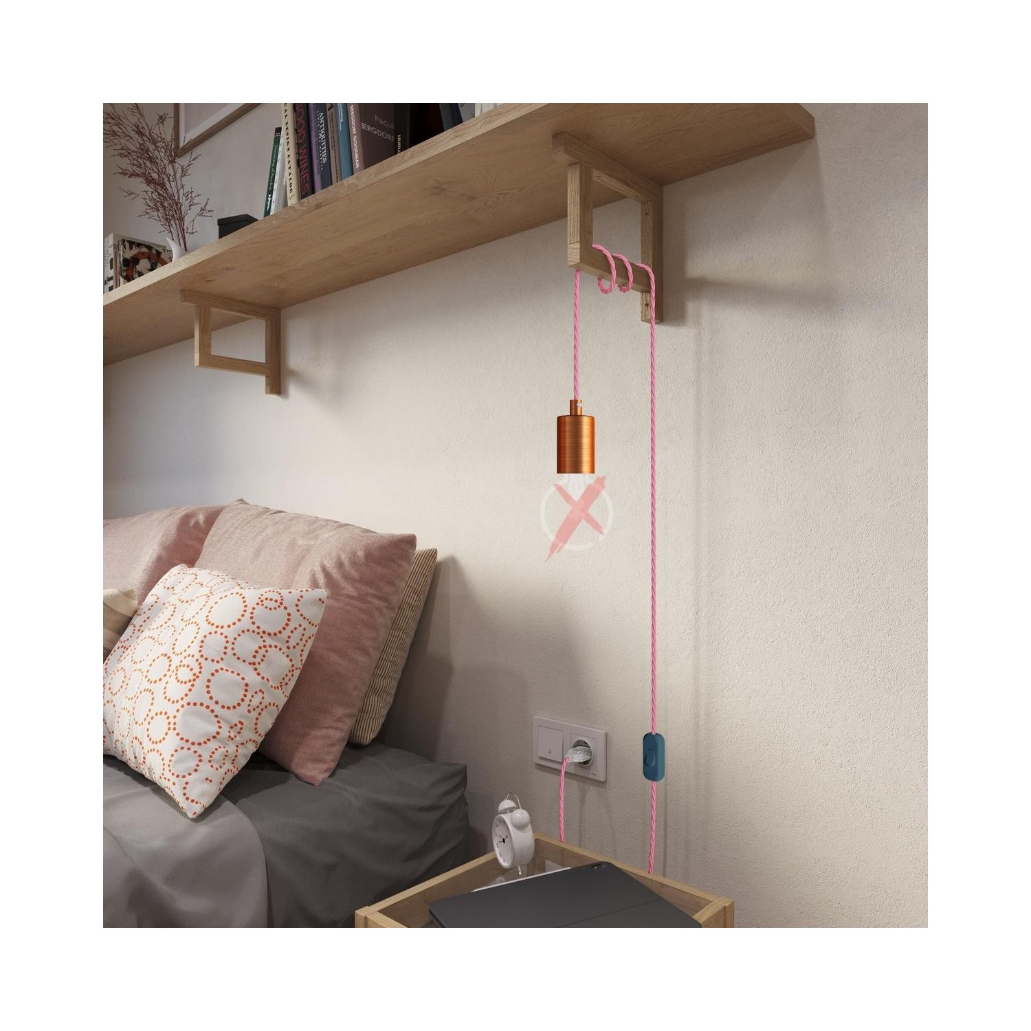 EIVA Suspension d'extérieur avec abat-jour, 5m câble textile, rosace en silicone et douille étanche IP65