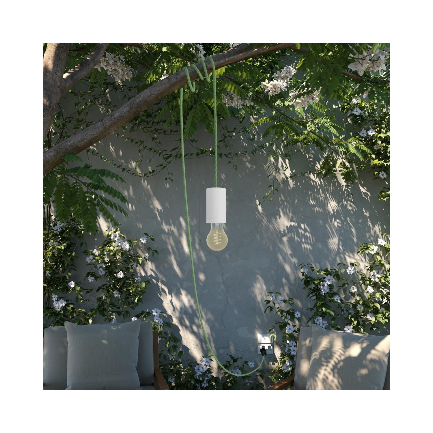EIVA Suspension d'extérieur avec abat-jour, 5m câble textile, rosace en silicone et douille étanche IP65